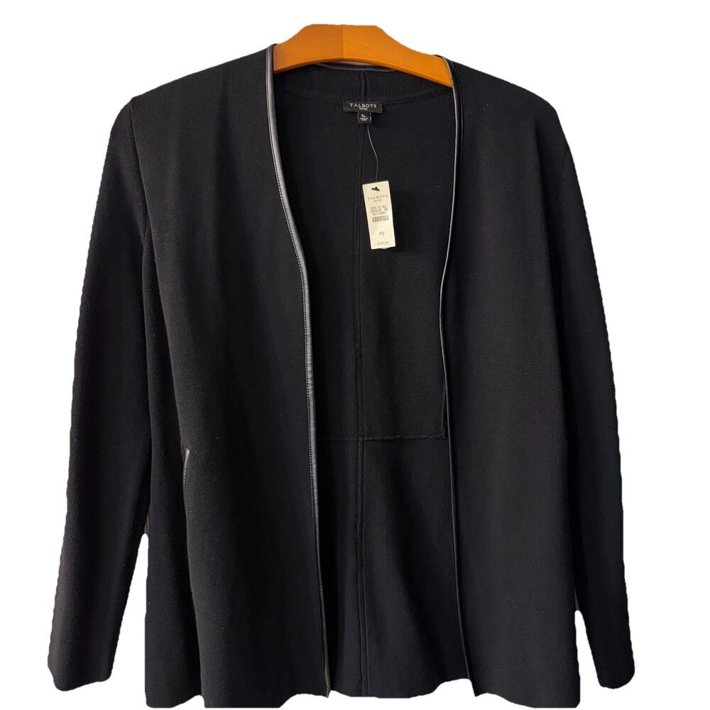 NWT $129 Talbots SP Black Open Cardigan sweater Faux Leather Trim